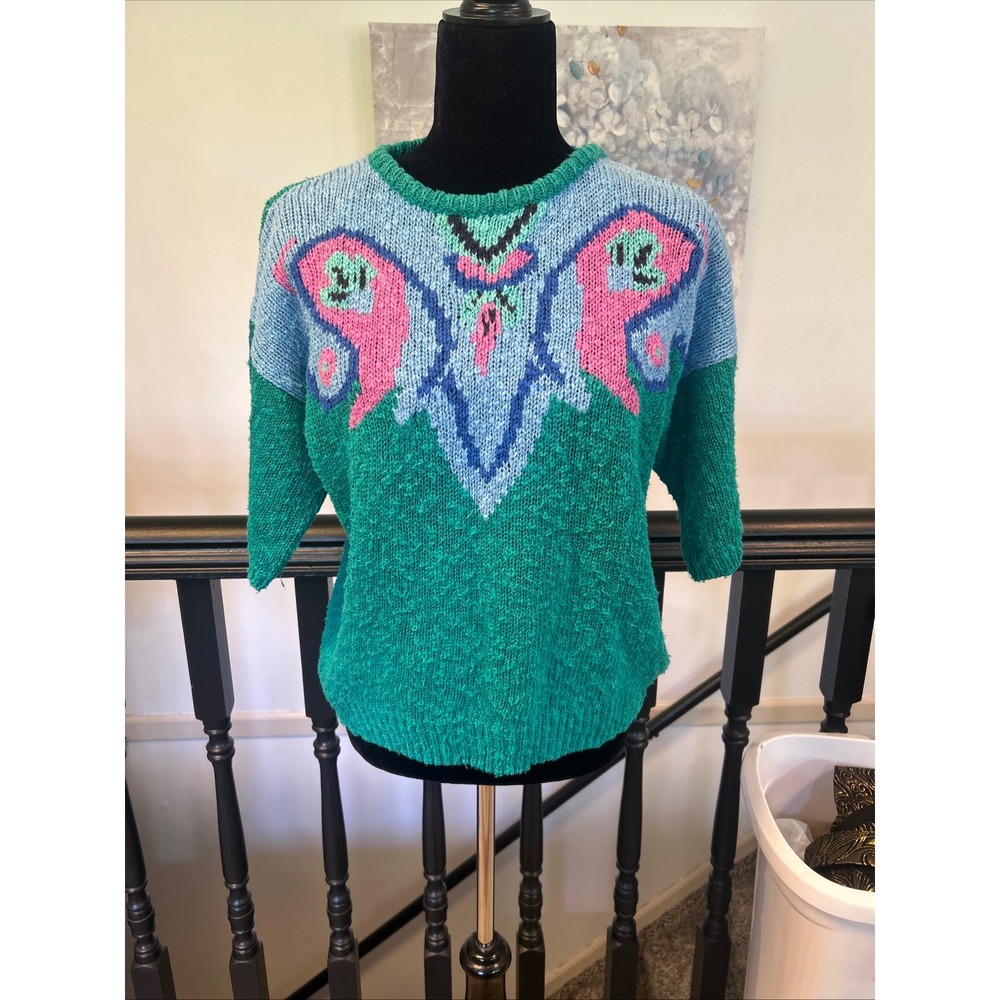 Vintage Distinction Green Blue Intarsia Knit Sweater‎ Women Large Ramie Cotton L